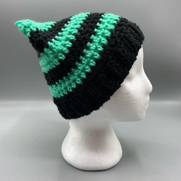 Cat beanie hat crochet handmade new kawaii black turquoise - Picture 4 of 7